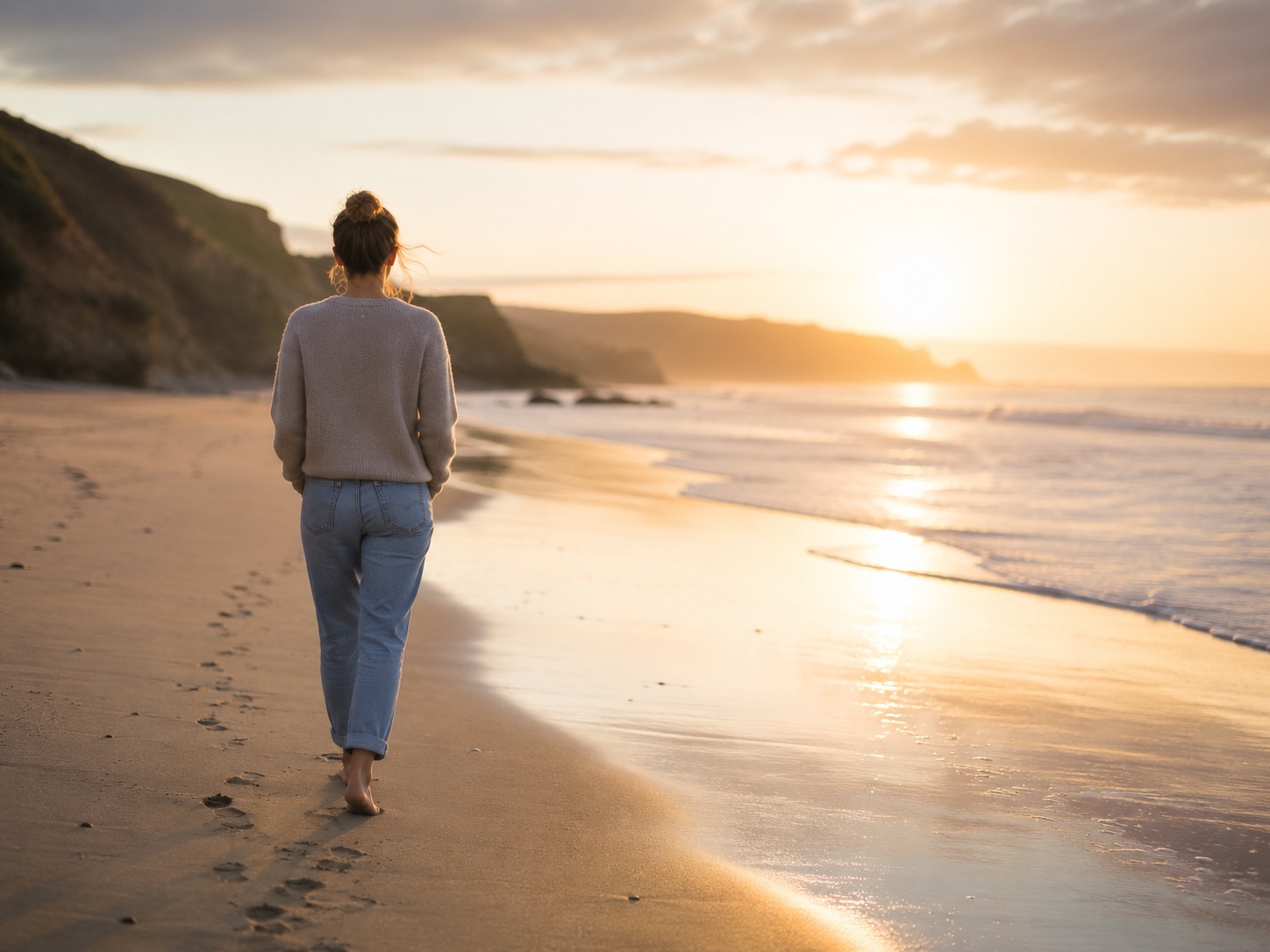A woman walking alone along a beach at sunset, looking out toward the sea.